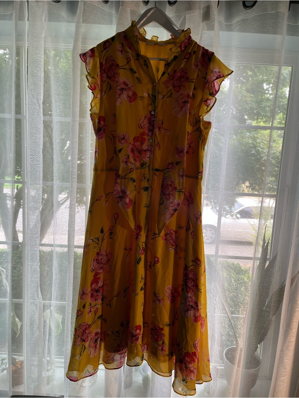 Yellow Floral Ruffle Sleeve Dress